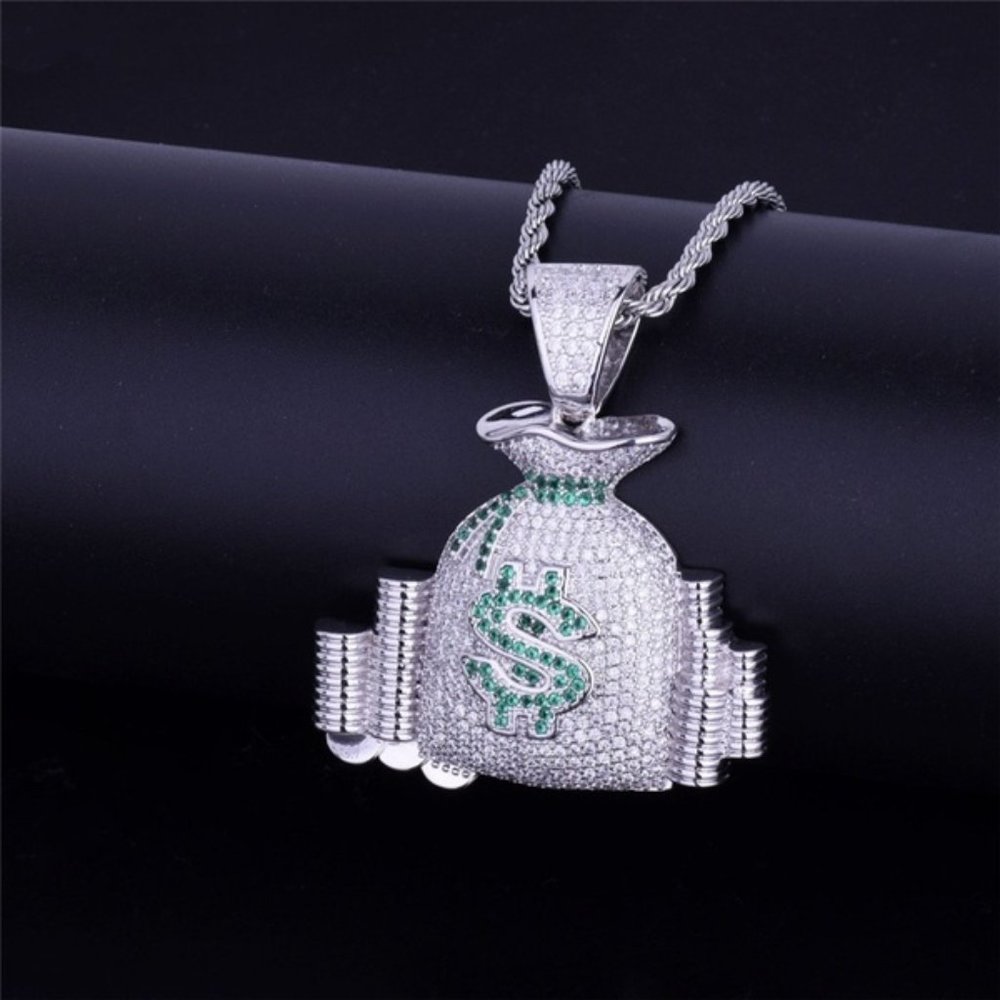 SILVER PLT HIP HOP DOLLAR SYMBOL MONEY BAG PENDANT NECKLACE